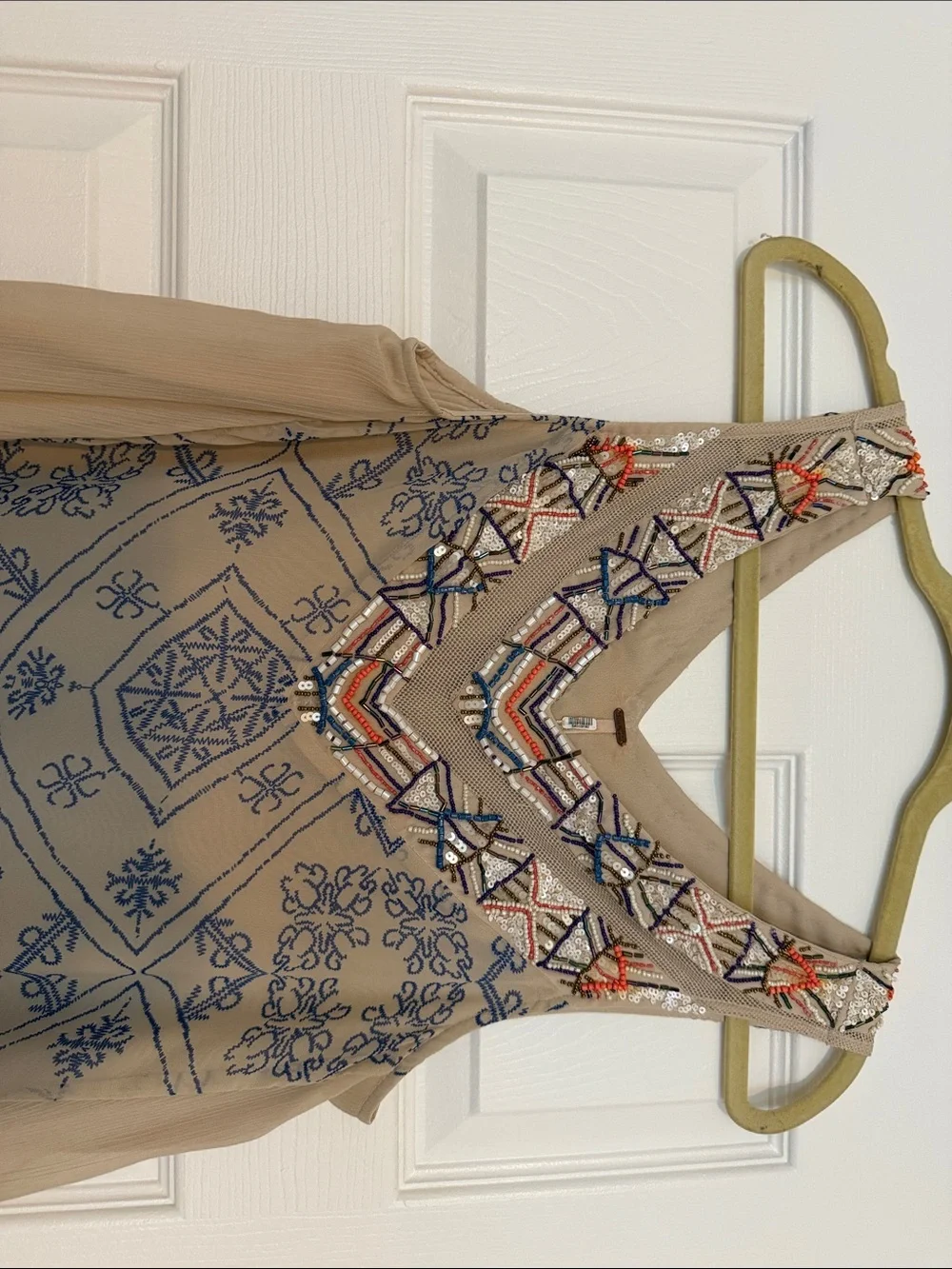 Free People Beige Sleeveless Geo-Print Dress with Embroidered Yoke